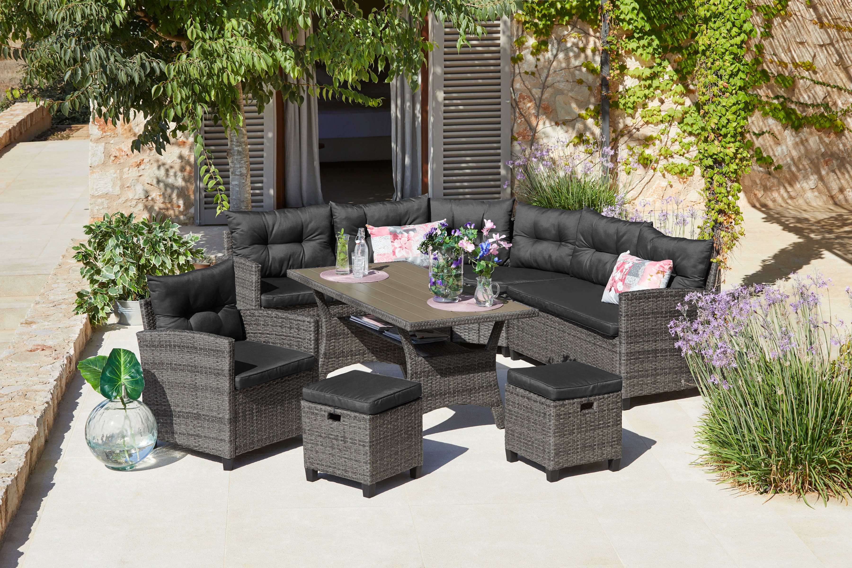 KONIFERA Gartenlounge-Set Keros Premium, (20-tlg), Ecklounge, 2 Hocker, Sessel, Tisch, Polyrattan