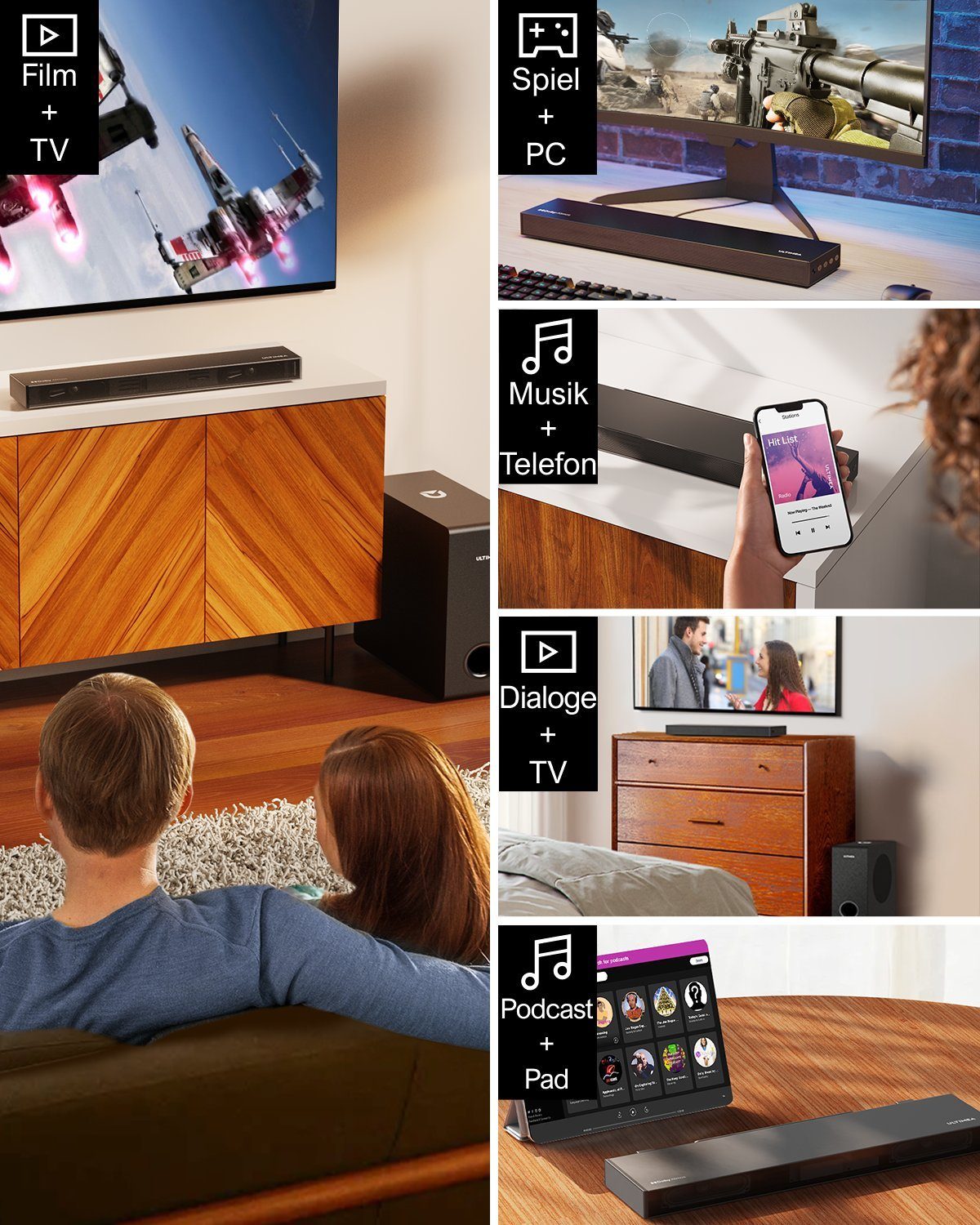 Ultimea Nova S50 2.1 Dolby Atmos Soundbar (190 W, Dolby Atmos, Verbesserter Bass TV Lautsprecher, 3D Surround, HDMI eARC)