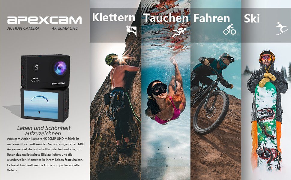 Apexcam M80 Air Action Cam (1080p, 4K, WLAN (Wi-Fi), mit Tasche, zwei Akkus, zwei Ladegeräten, Unterwasserkamera, 170 ° Weitwinkel)
