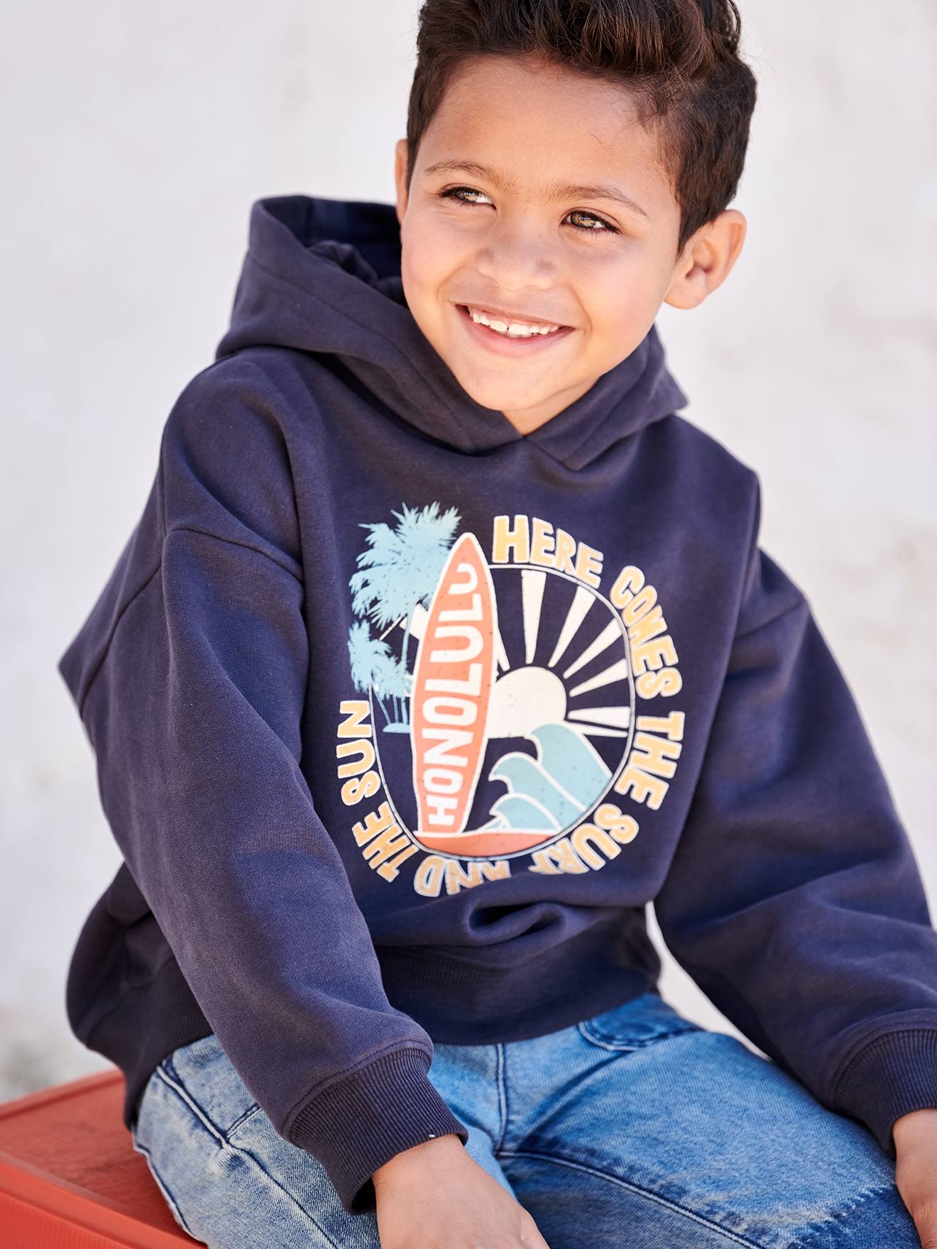 Vertbaudet Jungen Kapuzensweatshirt mit großem Print - nachtblau
