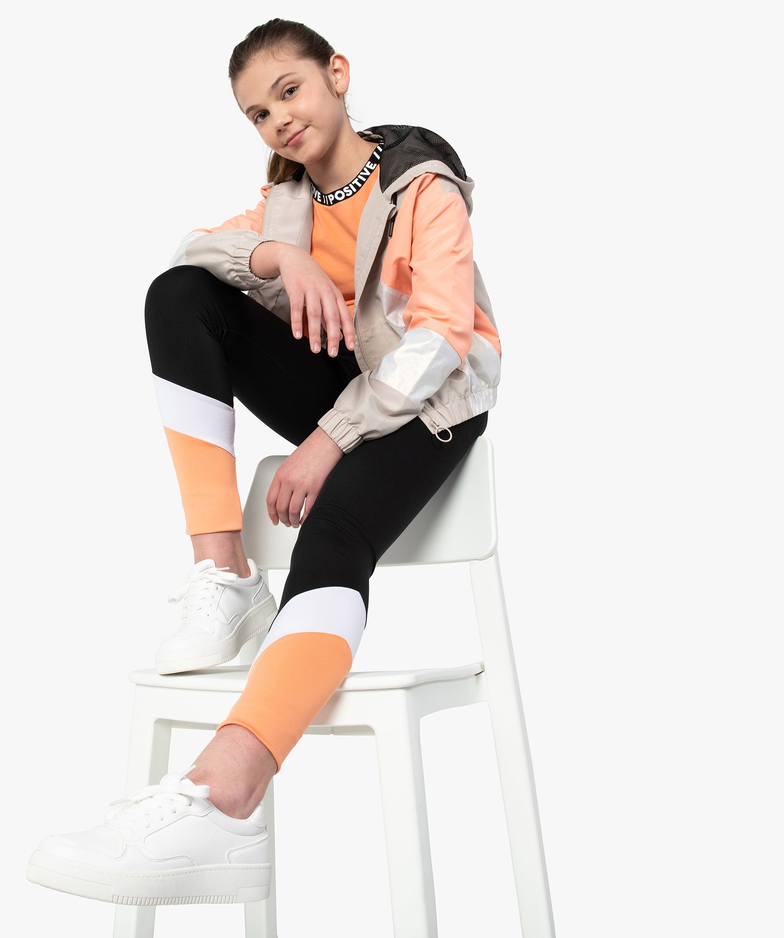 Tee-shirt fille look sport à bandes imprimées orange clair | GEMO