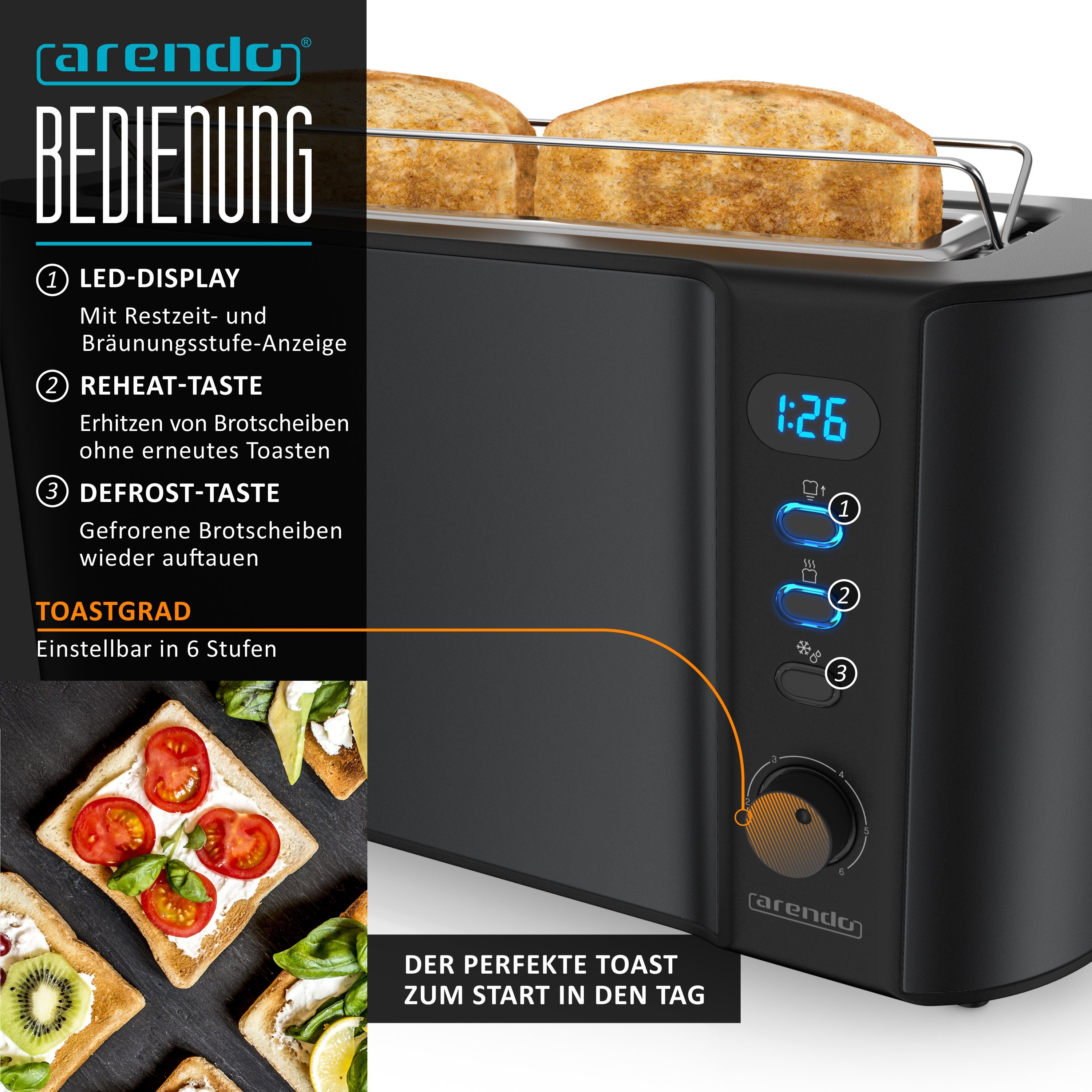 Arendo Frühstücks-Set (2-tlg), Wasserkocher 1,5l / 2-Scheiben Langschlitz Toaster, Edelstahl, Schwarz
