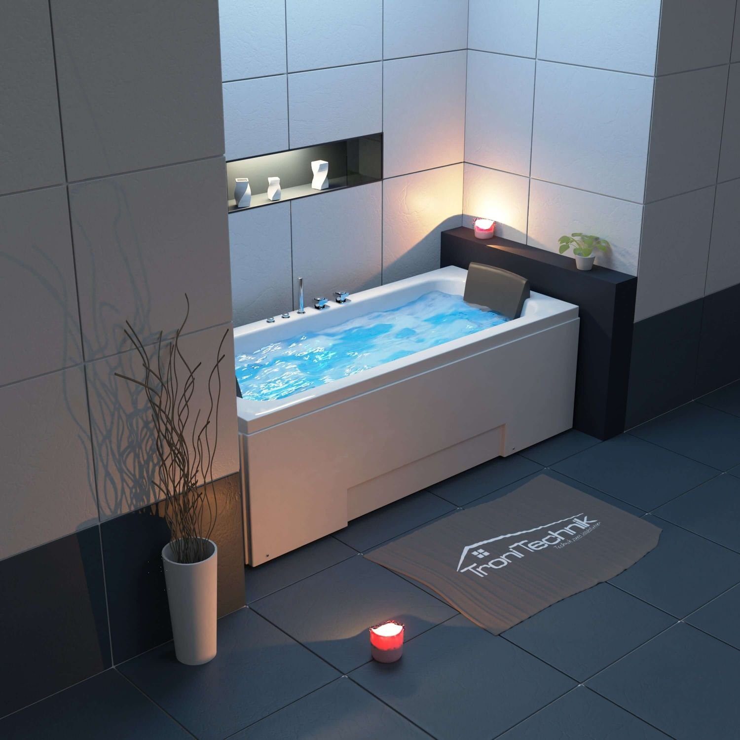 TroniTechnik Whirlpool-Badewanne IOS, 170 cm x 75 cm, Whirlpoolpumpe, 1-2 Personen, (inkl. Zubehör, vormontierte Badewanne mit Unterwasser LED), Premium Whirlpoolpumpe, Unterwasser LED, Massagedüsen