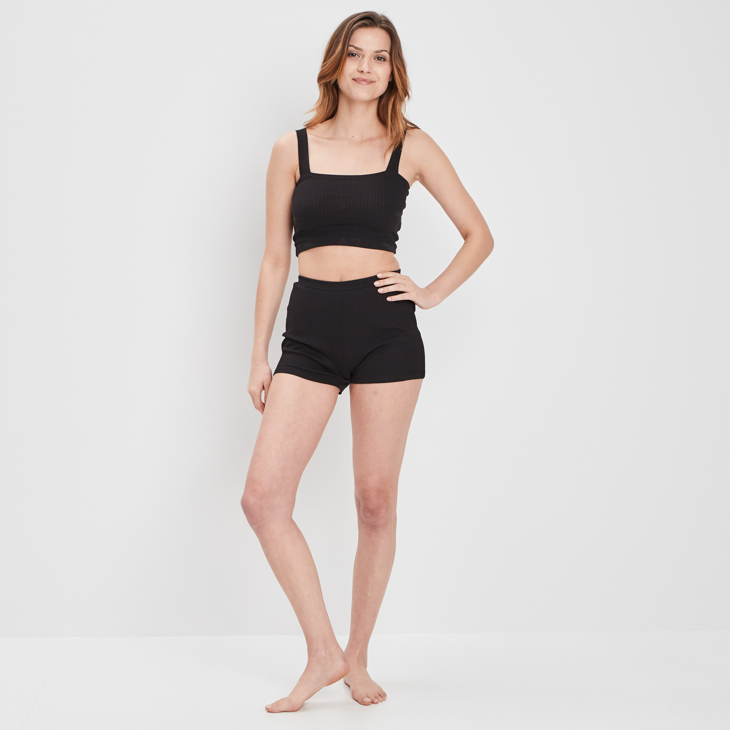 Bas de pyjama short côtelé noir femme | La Halle