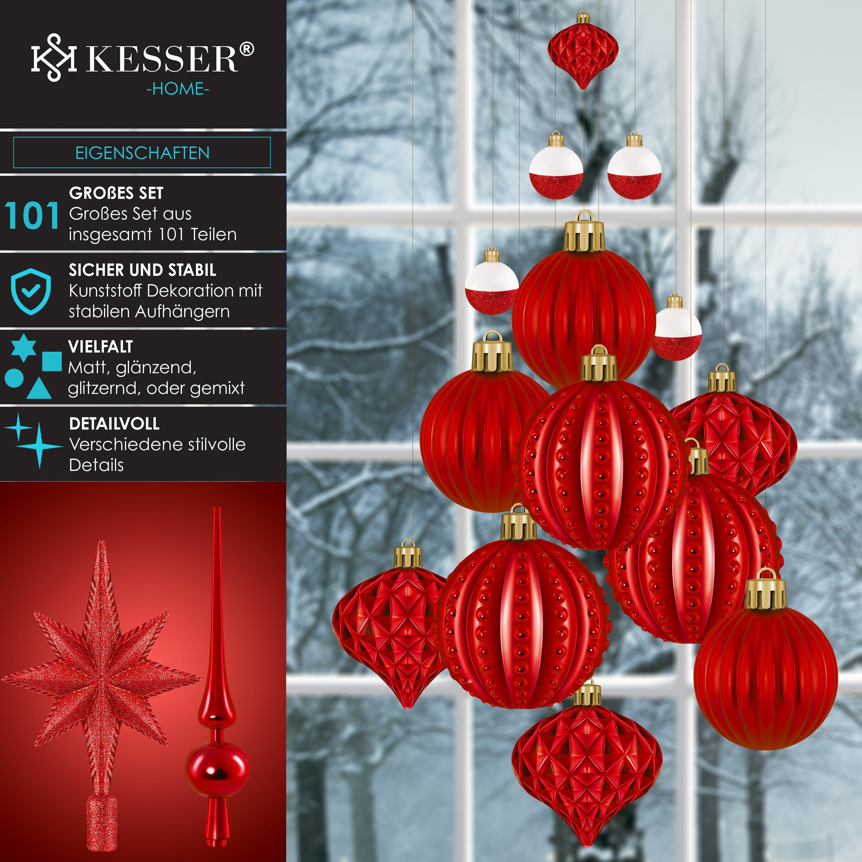 KESSER Christbaumschmuck (101-tlg), Weihnachtskugeln 101-teiliges Set Baumspitze Christbaumk