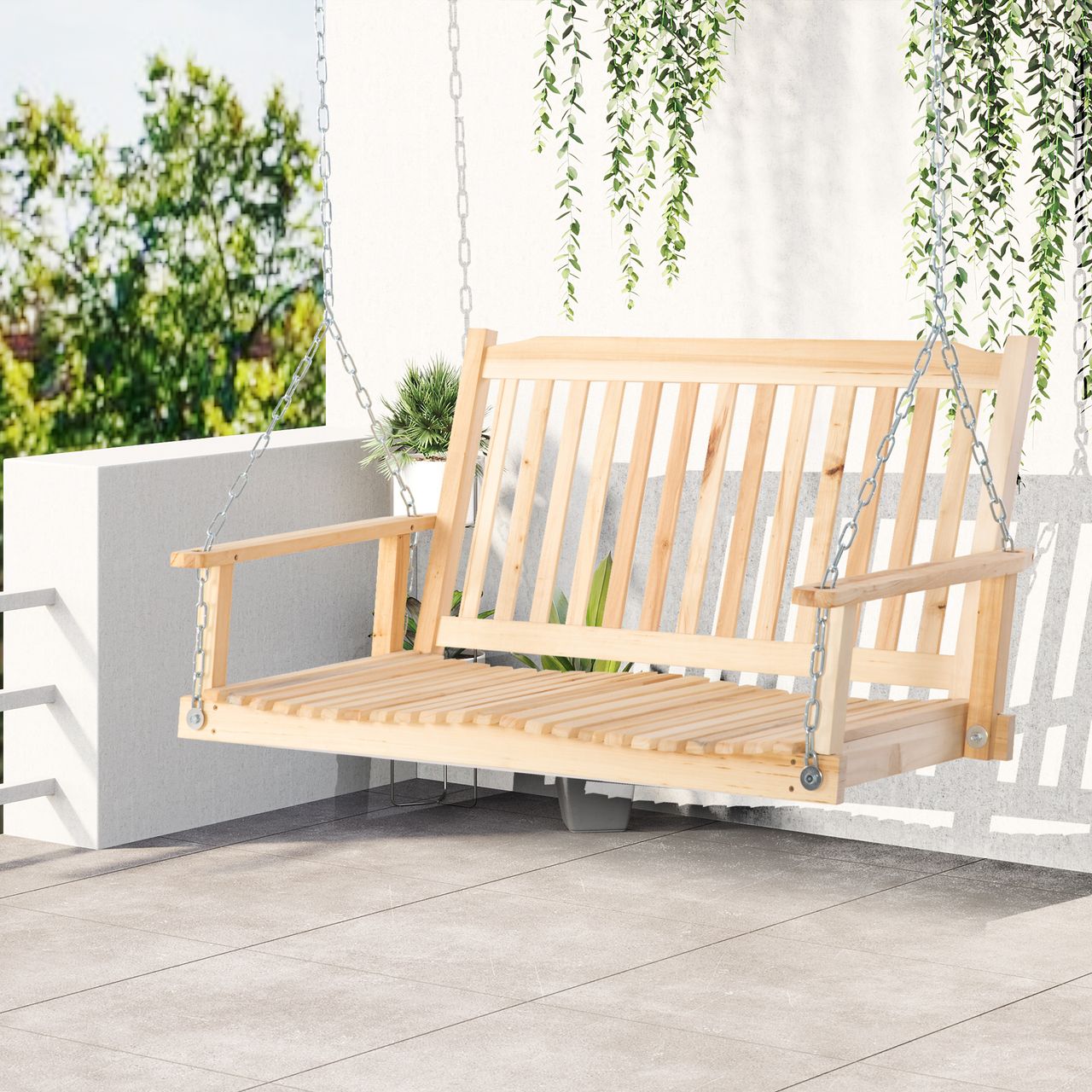 Outsunny Gartenschaukel für 2 Personen Schaukelbank Hängebank Massivholz Patio Terrasse Hinterhof Natur 117 x 69 x 60 cm