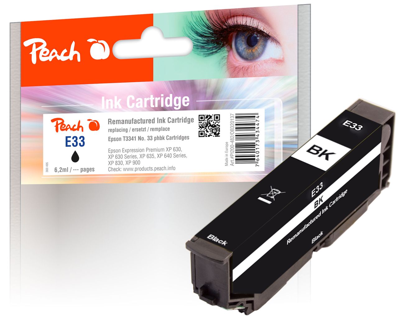 Peach Tintenpatrone foto schwarz ersetzt Epson T3341, No. 33 phbk