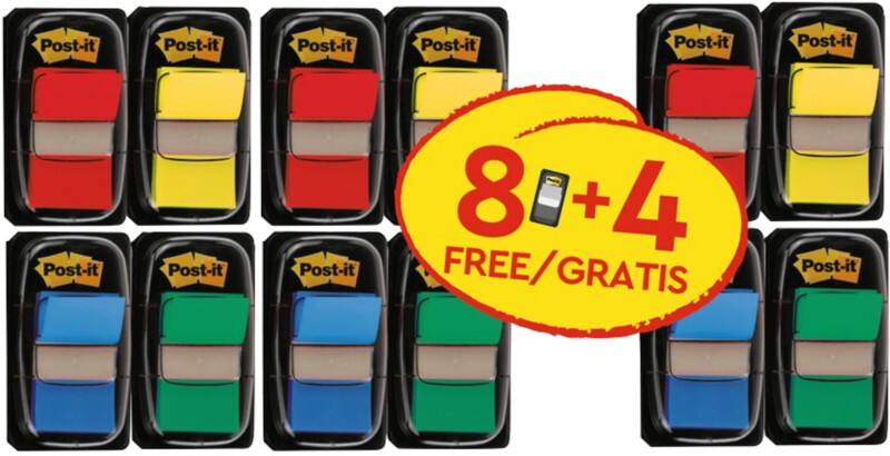 Post-it Index Haftstreifen 25.,4 mm x 43,2 mm Farbig Sortiert 50 Haftstreifen/Spender Packung mit 12 Spender Vorteilspackung 8 4 GRATIS