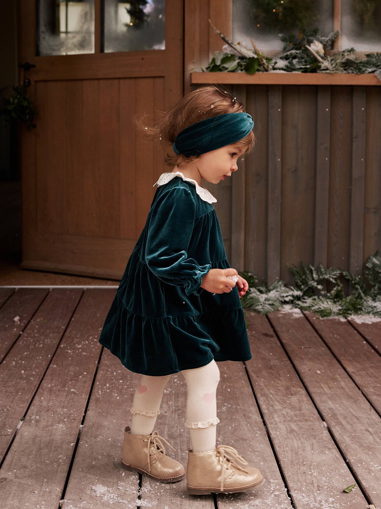 Vertbaudet Mädchen Baby Weihnachts-Geschenkset: Samtkleid & Haarband - smaragdgrün
