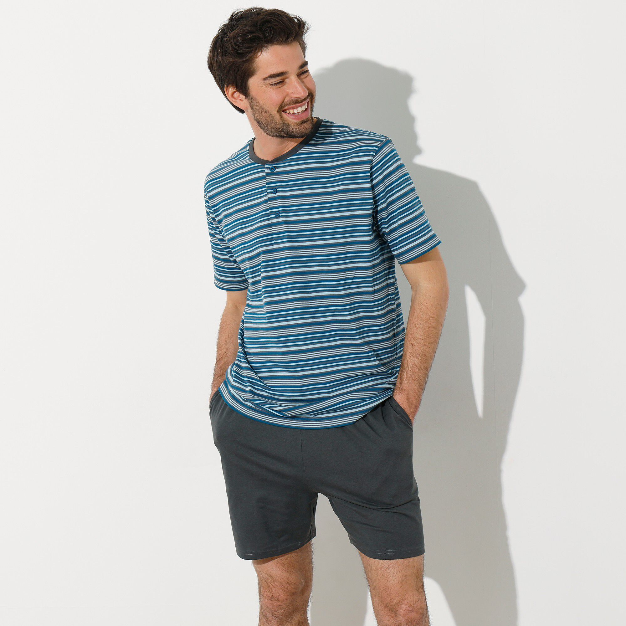 Pyjama-short rayé col tunisien