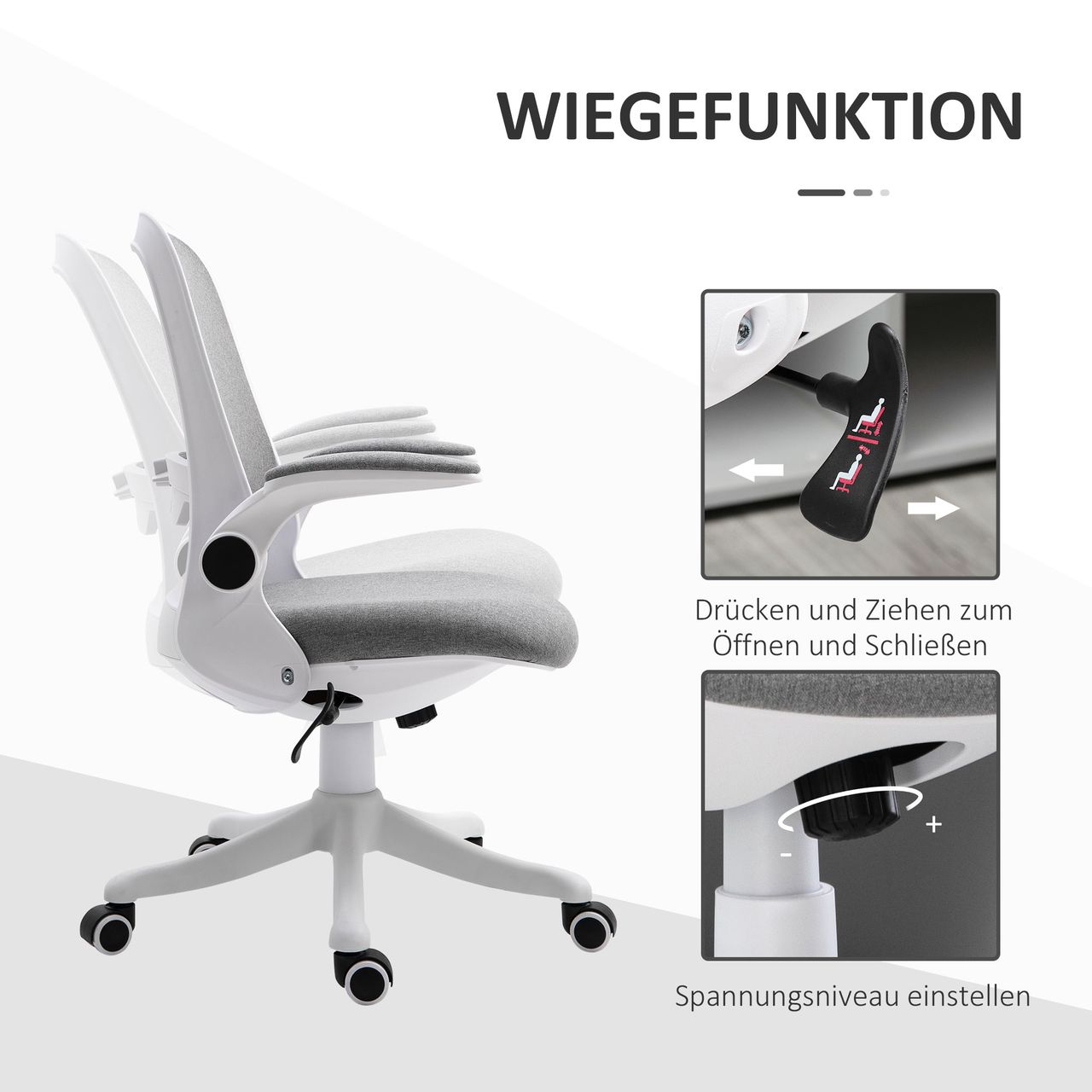 HOMCOM Bürostuhl Schreibtischstuhl Drehstuhl mit Wippfunktion Armlehne verstellbar höhenverstellbar ergonomisch Leinenimitat Nylon Grau Weiß 62,5 x 60 x 90-98 cm