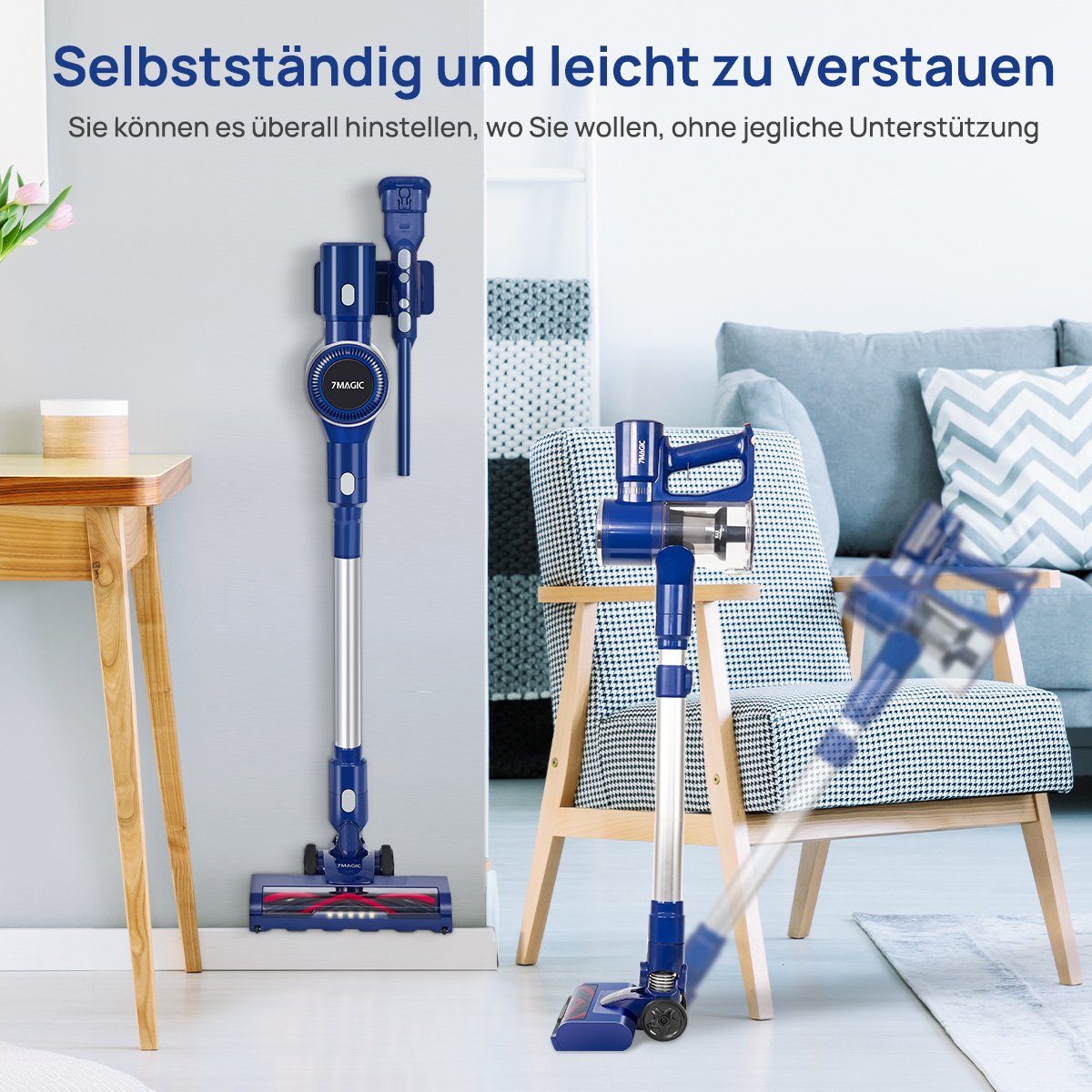 7Magic Akku-Handstaubsauger Staubsauger Kabellos mit 25000pa Saugkraft, 6 in1 Akkustaubsauger, 160 W, beutellos, 1.0L Staubbehälter, für Tierhaare, Teppich, Polster und Hartboden