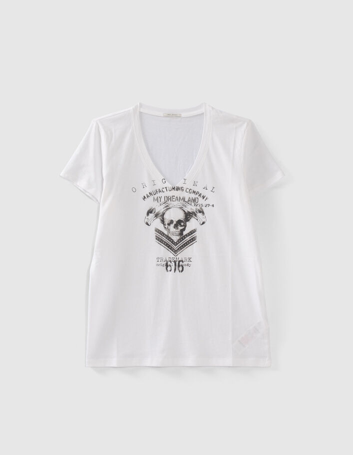 Tee-shirt blanc cassé visuel tête de mort Femme