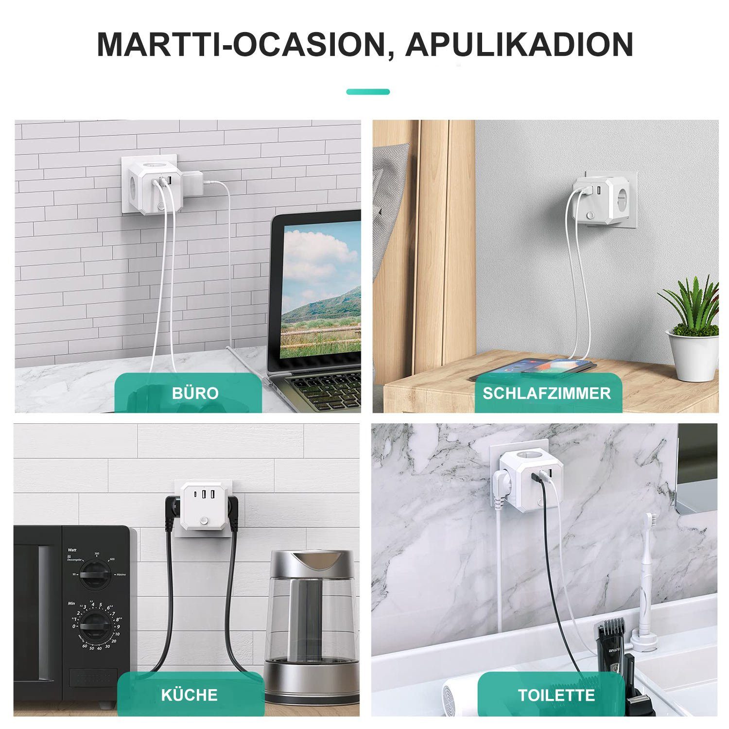 MAGICSHE Steckdose Steckdosenwürfel mit USB, 1X Zwischenstecker, Maximalstrom: 3,4 A, Ohne Kabel