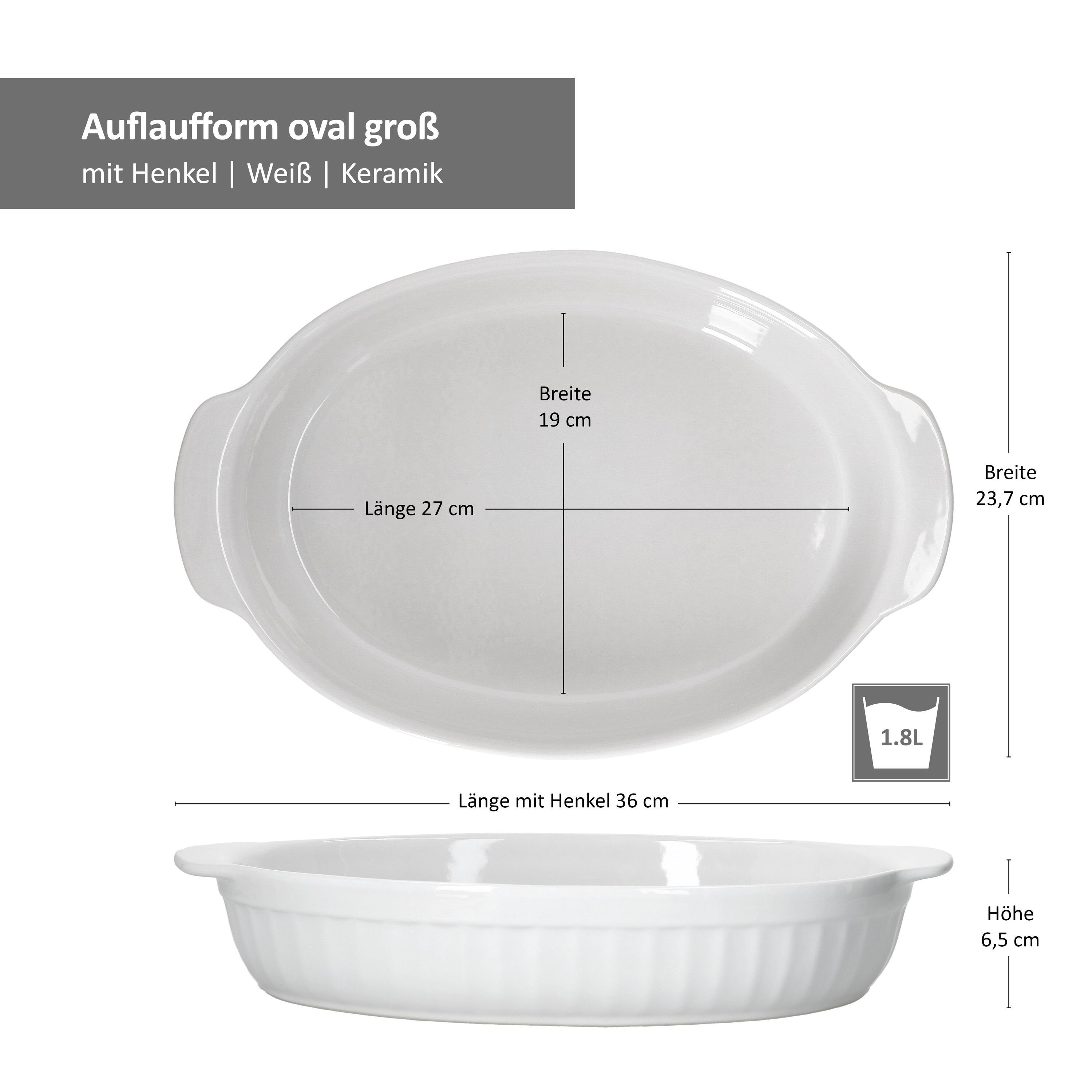 MamboCat Auflaufform 2er Set Arte Regal Auflaufform Nr. 01 weiß oval mit Henkel groß, Steingut
