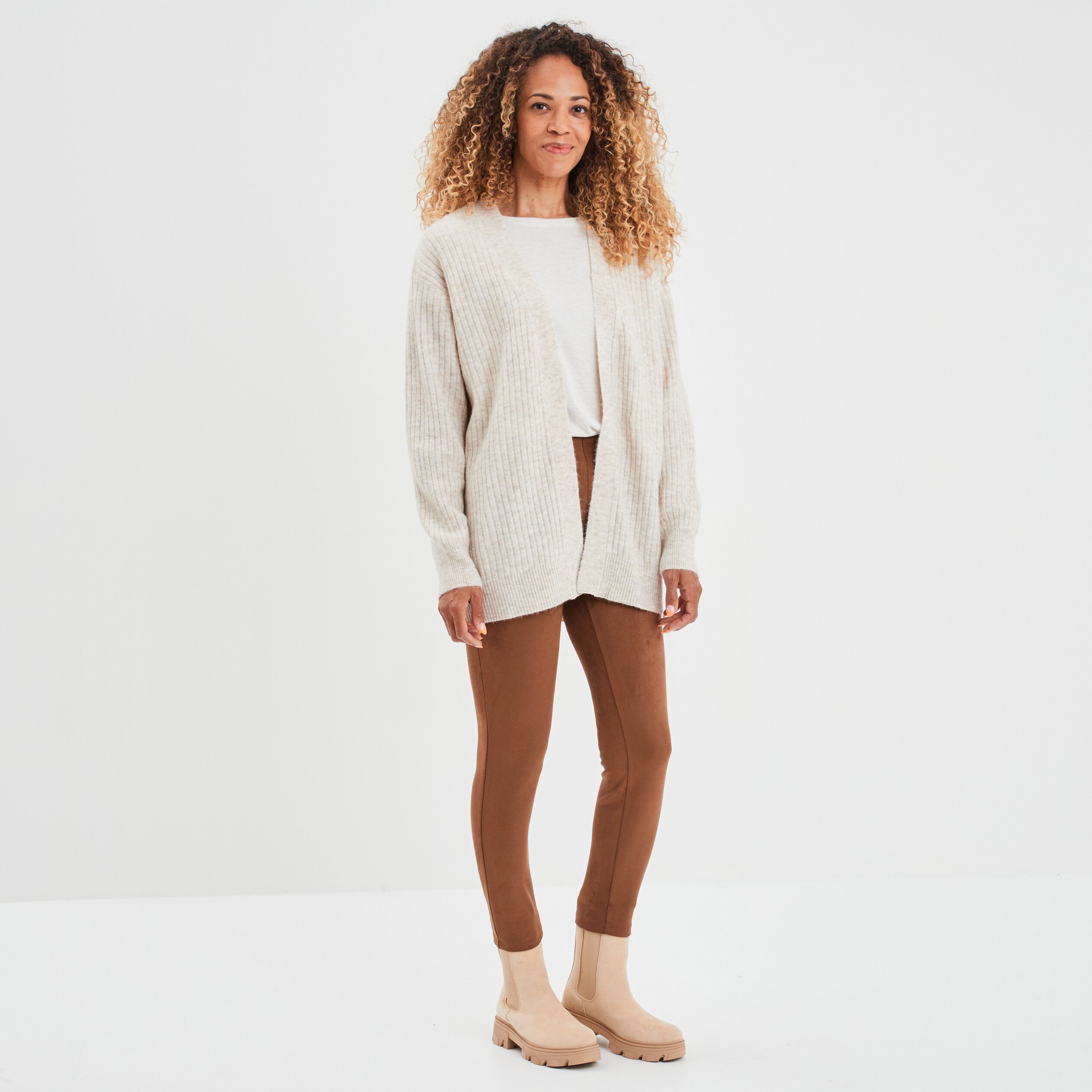 Pantalon suédine slim taille élastiquée marron foncé femme | La Halle