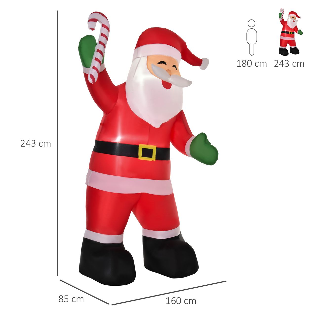 HOMCOM Aufblasbarer Weihnachtsmann mit Zuckerstange 243 cm LED mit Gebläse Weihnachts-Party Weihnachtsdekoration Weiß Rot Grün 160 x 85 x 243 cm