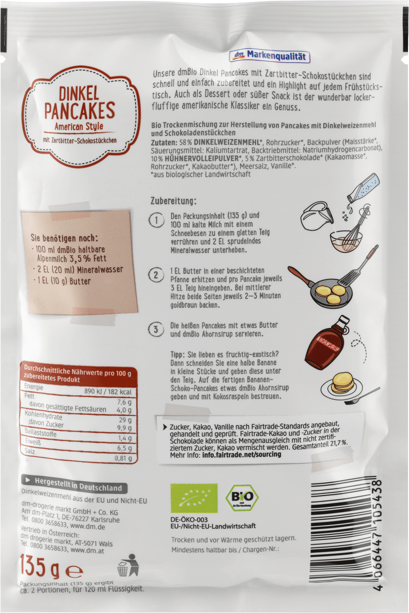 Backmischung Dinkel Pancakes mit Zartbitter-Schokostückchen, American Style, 135 g