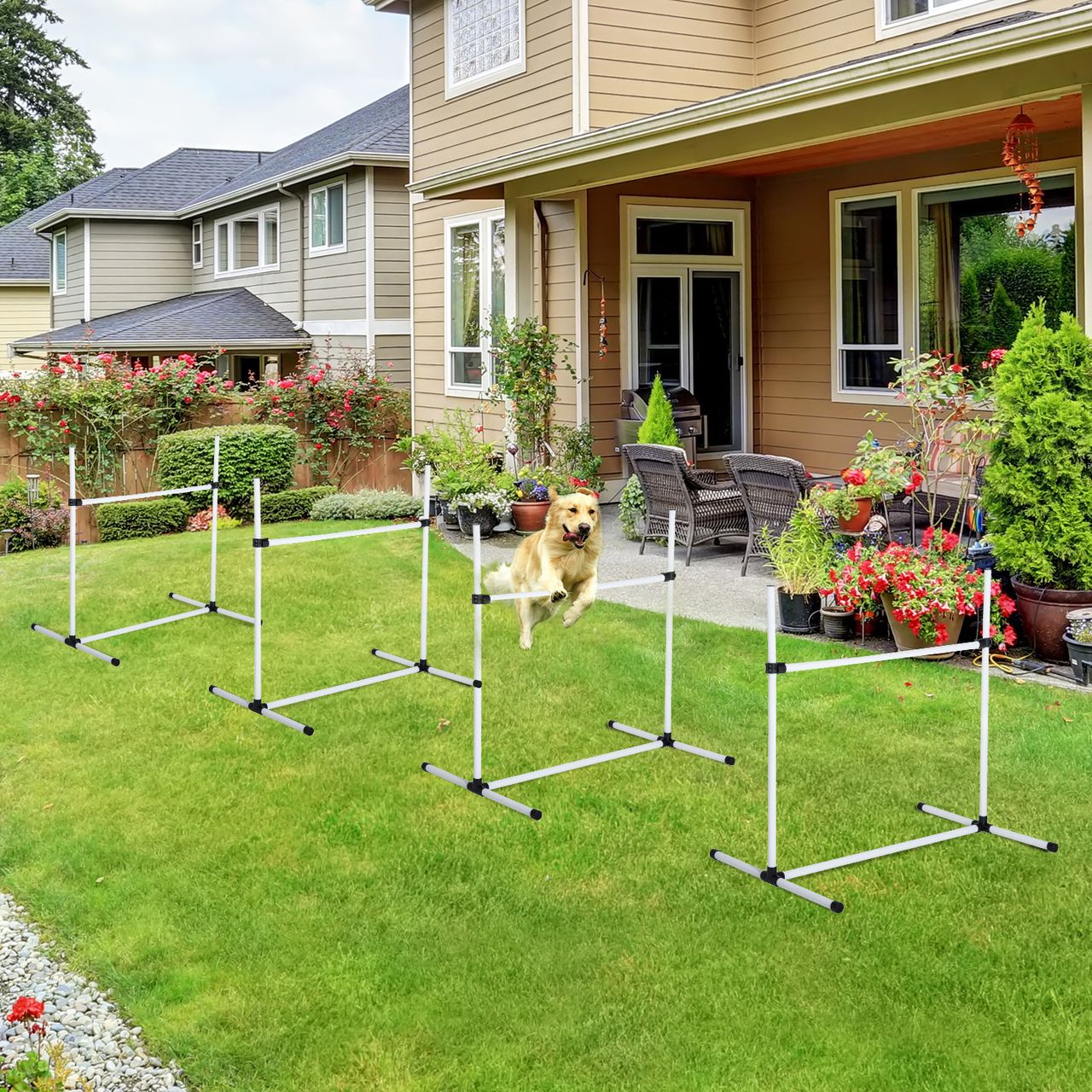 PawHut Agility Hürdenset Slalom Stangen Hunde Training Set 4 x Hürden Weiß