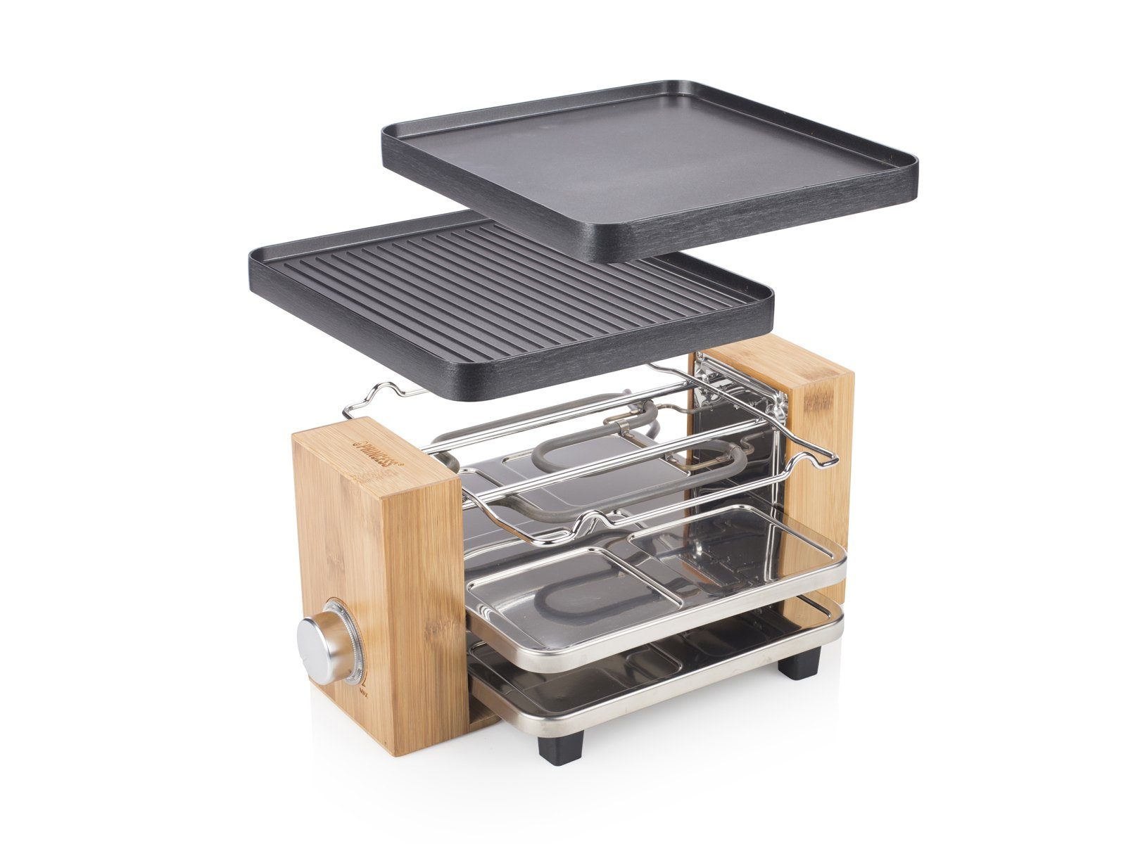 PRINCESS Raclette, 800 W, Kleiner Bambus Design Tischgrill für 2-4 Personen, Pfännchen Parkdeck