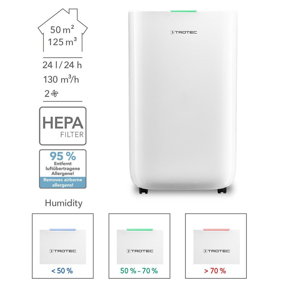 TROTEC Luftentfeuchter TTK 70 HEPA, für 125 m³ Räume, Entfeuchtung 24,00 l/Tag, Tank 6,50 l, Entfeuchtungsautomatik mit Zielwertvorwahl zwischen 30 und 80 %