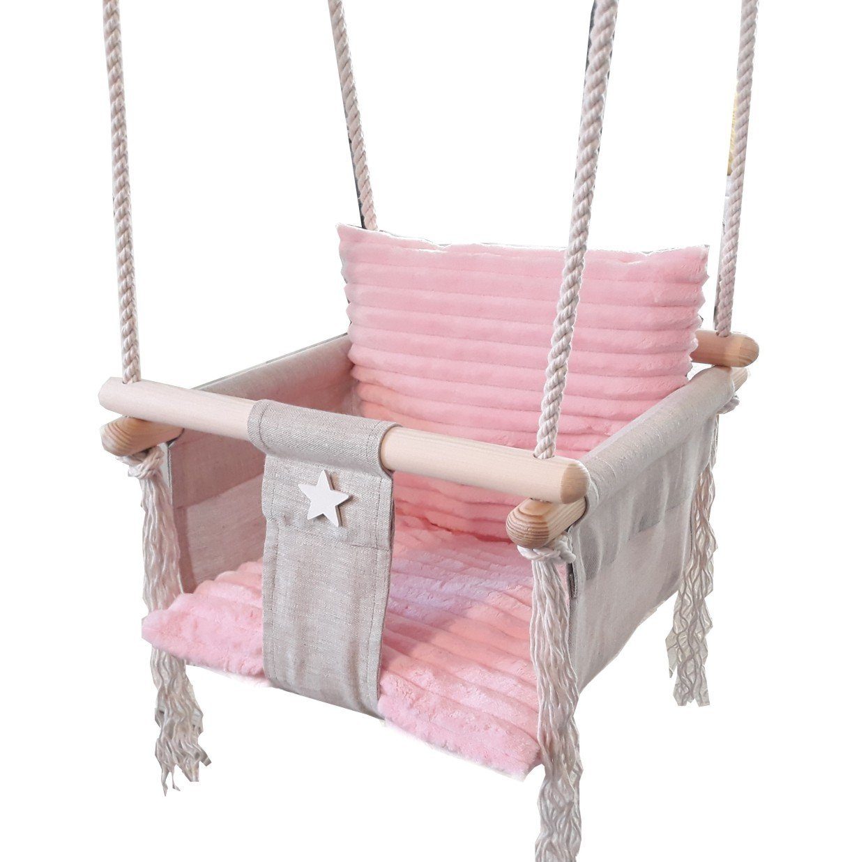 Rainbow Kids Babyschaukel Holz Stoff Leinen Rosa Minky, Made in Europe