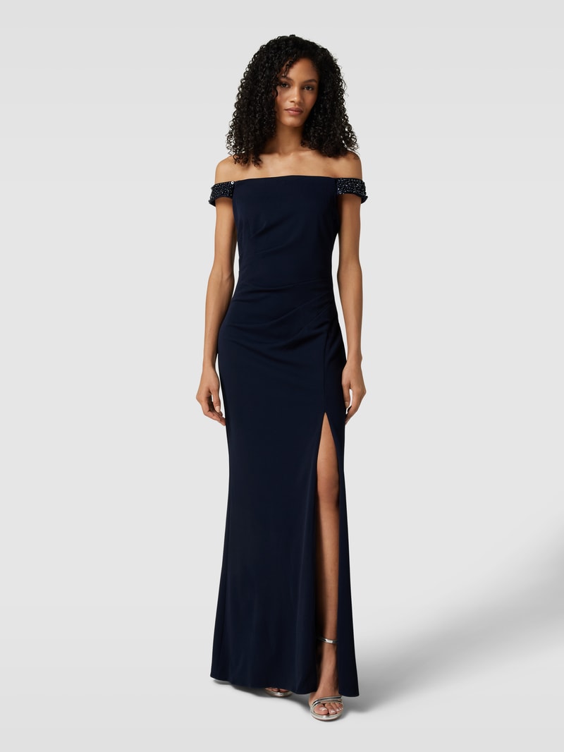 Abendkleid mit Carmen-Ausschnitt in marineblau