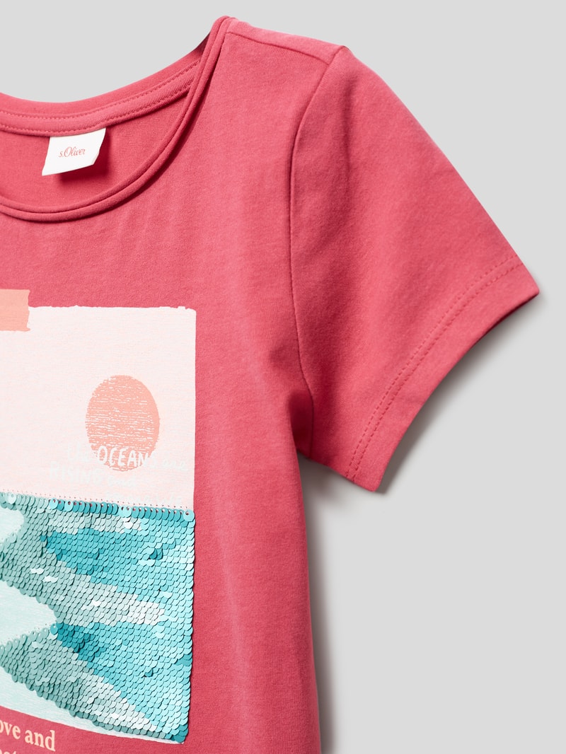 T-Shirt mit Applikation aus Pailletten in fuchsia