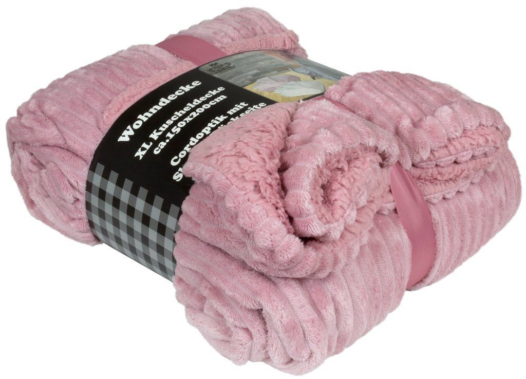 Wohndecke flauschig weiche Cordoptik Kuscheldecke, Trendyshop365, 150x200 cm, Rückseite Sherpa-Optik, unifarbe