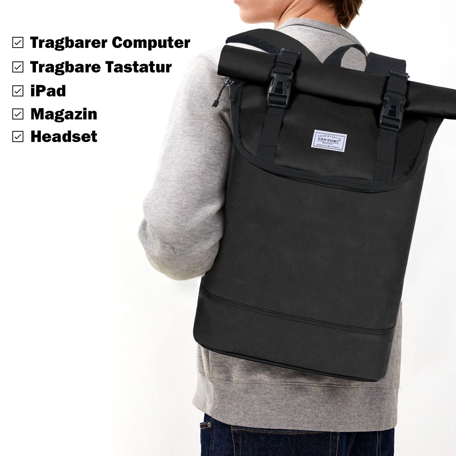 TAN.TOMI Laptoprucksack Rucksack Damen Herren Wasserdichter Leichter, Lässiger Rucksack, mit Laptopfach bis 17 zoll, Modern Rolltop Daypack