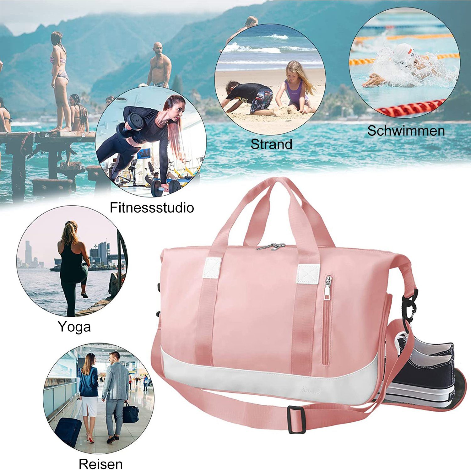 Kpaloft Sporttasche Reisetasche mit Schuhfach & Nassfach Trainingstasche Freizeittasche, Schultergurt, für Yoga, Schwimmen, Tourismus, Fitness