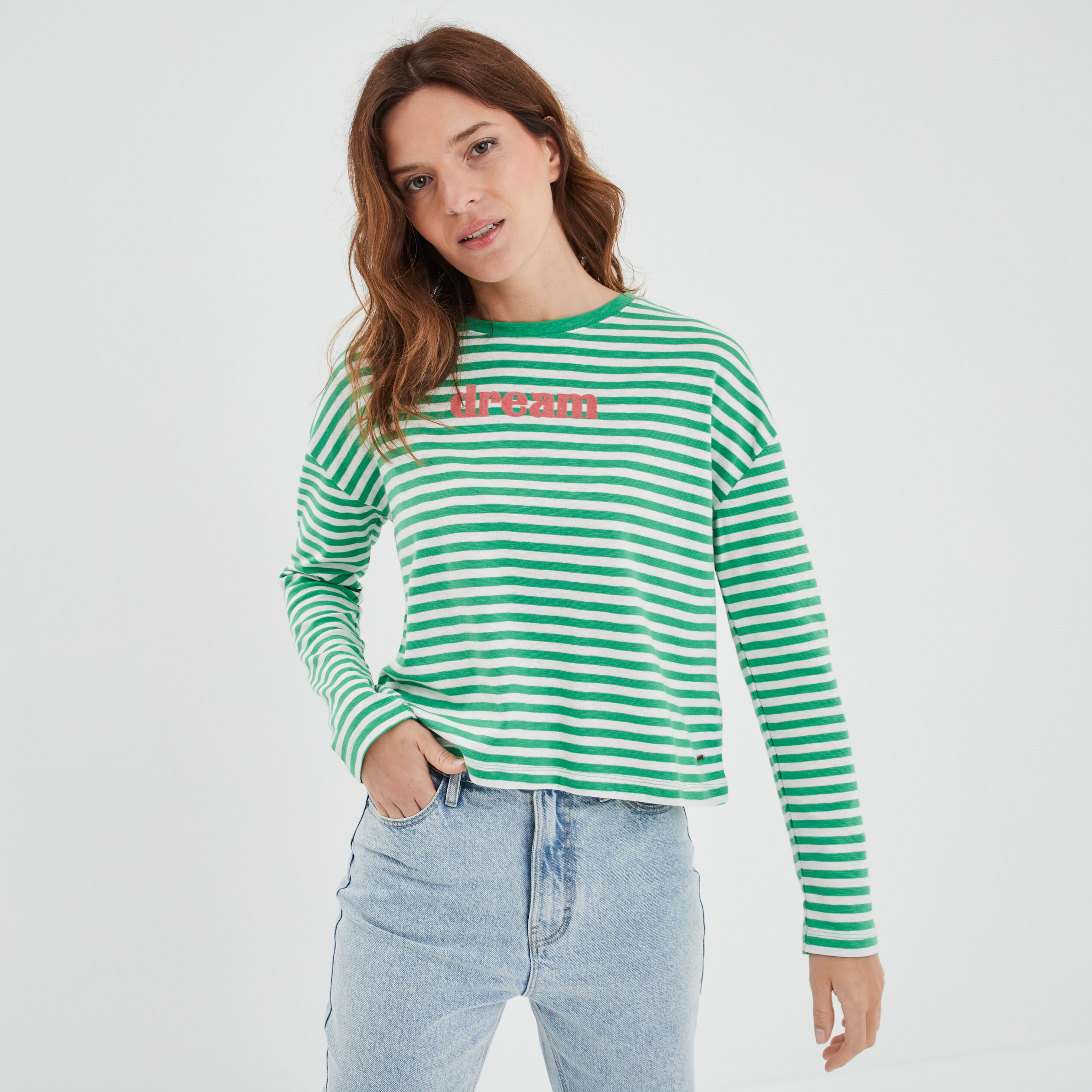 T-shirt ajusté col rond coton Creeks vert femme | La Halle