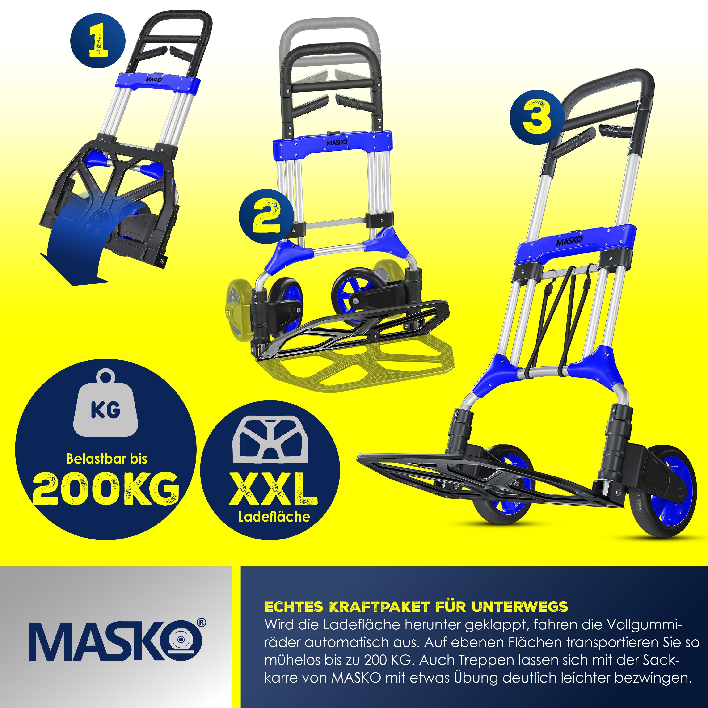 MASKO Sackkarre, Klappbar 200 kg Tragkraft inkl. Rädern Vollgummi