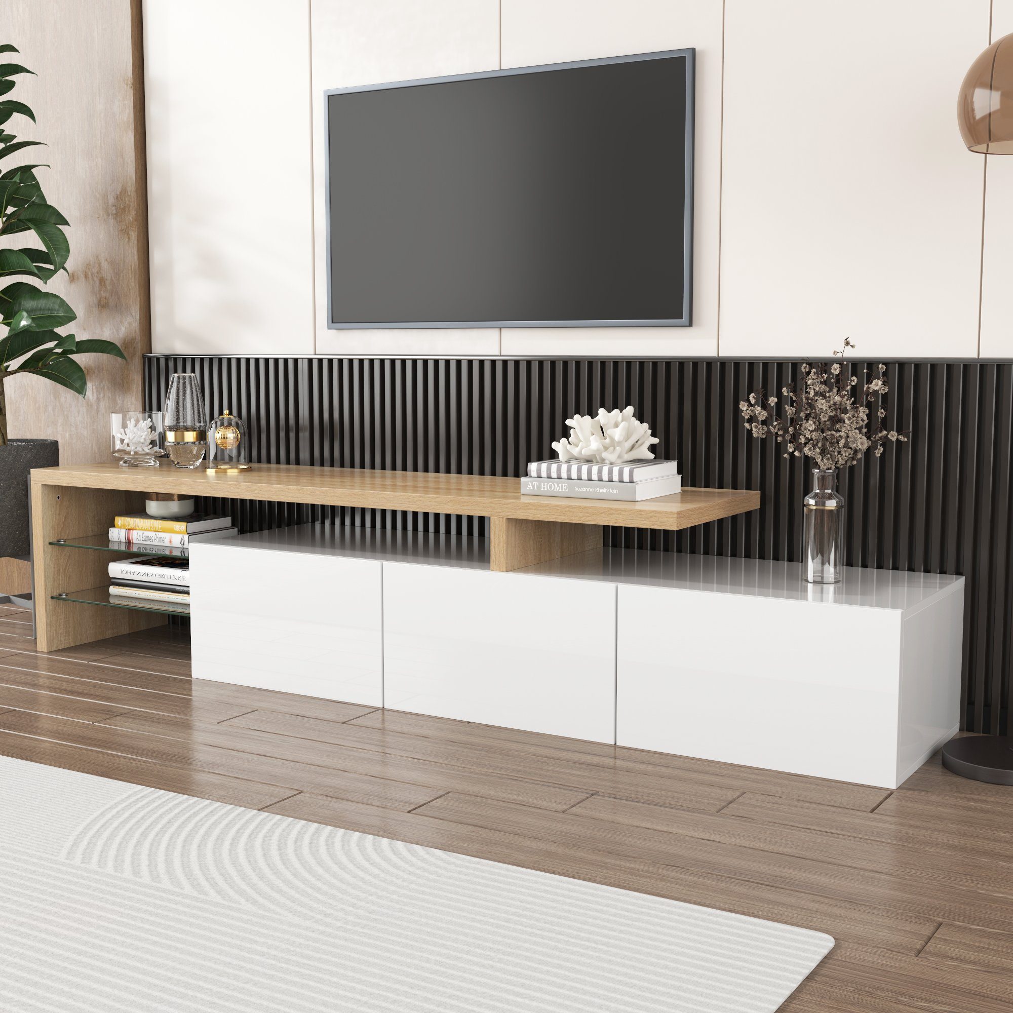 Merax Lowboard, mit Glasablgen und LED-Beleuchtung, Fernsehtisch Hochglanz, TV-Schrank