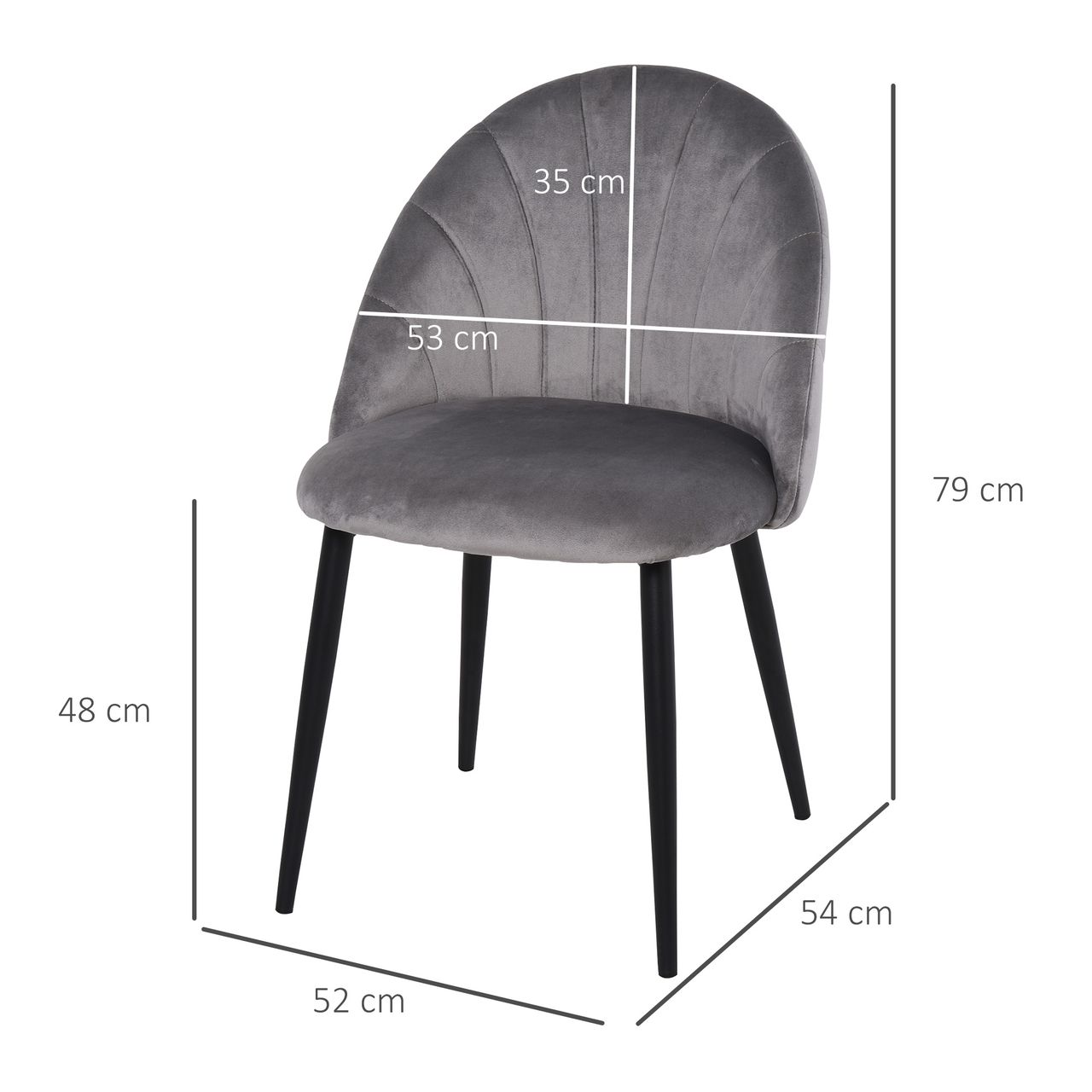 HOMCOM Esszimmerstühle 2er Set Küchenstuhl Wohnzimmerstuhl Polsterstuhl Bürostuhl mit Rückenlehne Skandi-Design Samt Metall Grau 52 x 54 x 79 cm