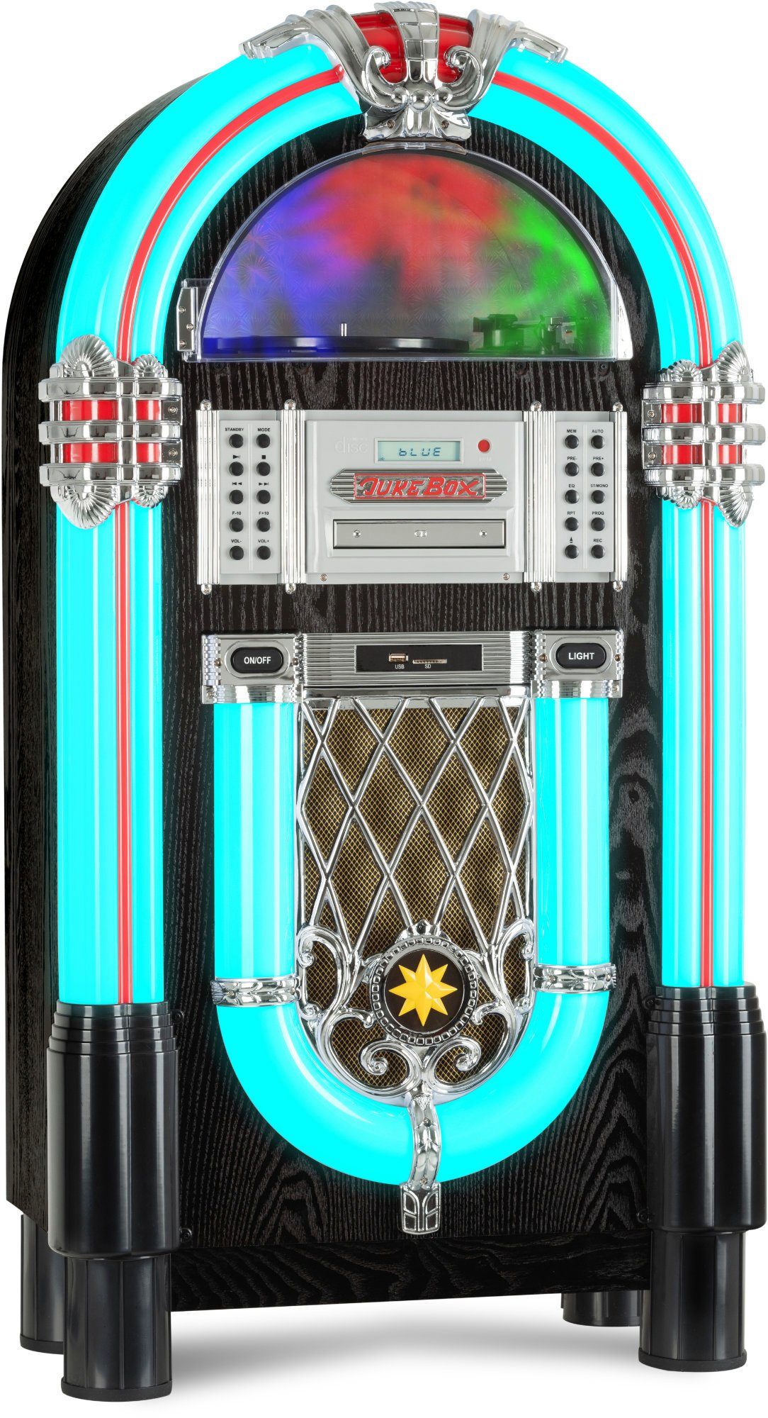 Beatfoxx GoldenAge 40er/50er Jahre Jukebox Stereoanlage (UKW/MW-Radio, 60 W, Retro Musikbox mit LED-Beleuchtung, CD-Player, Bluetooth, USB-SD, AUX)