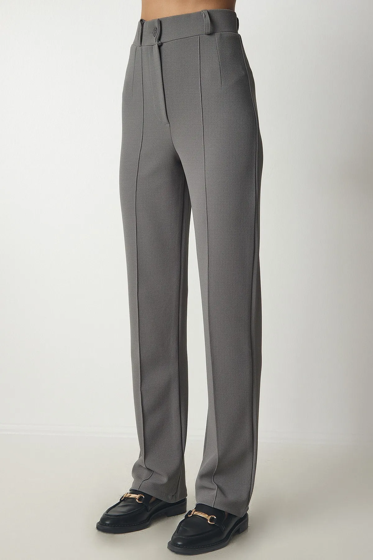 Happiness İstanbul  Graue bequeme Strickhose mit hoher Taille für Damen rv00132
