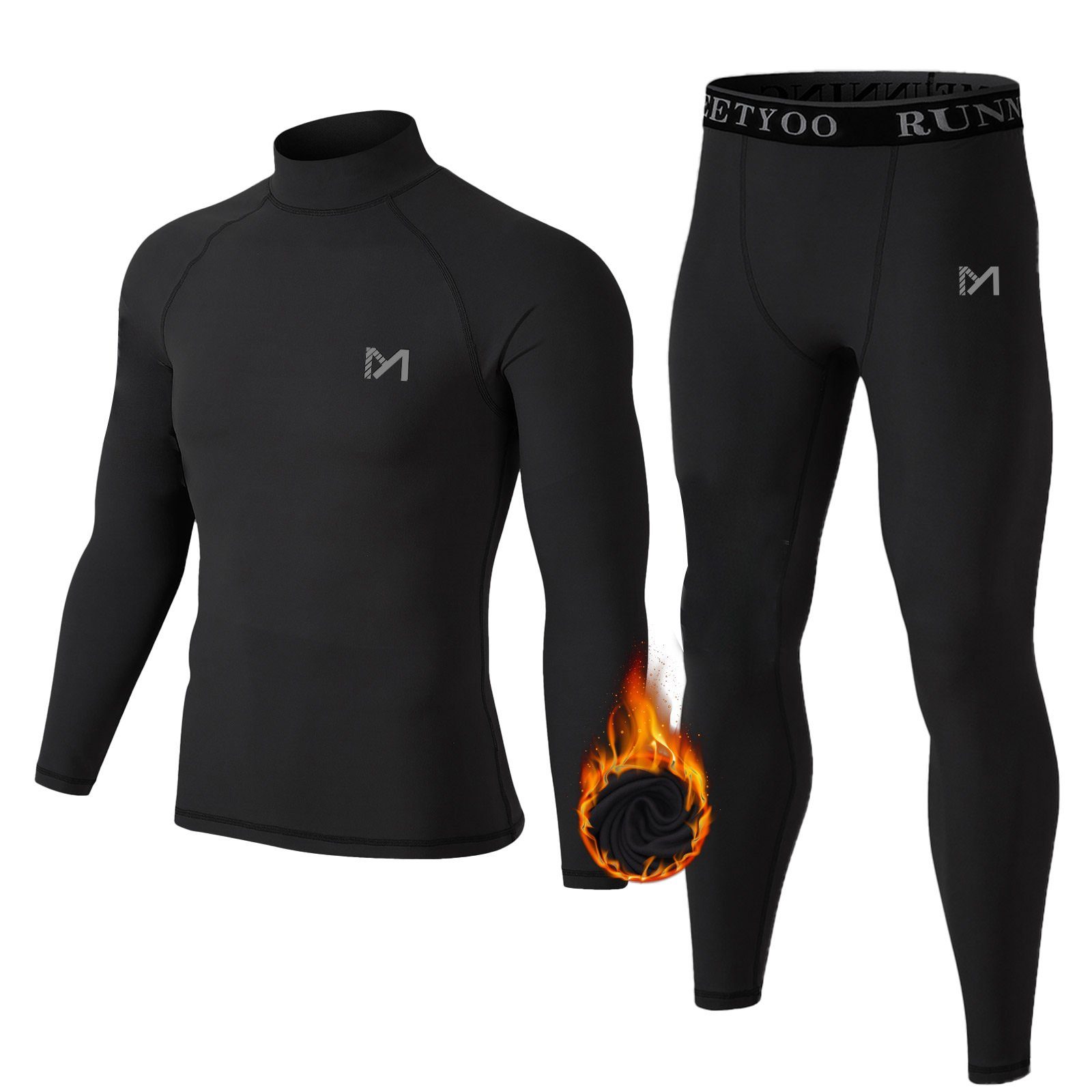MEETYOO Thermounterhemd Skiunterwäsche Herren (Fleece Funktionsunterwäsche Set, Lange Unterhosen Funktionsunterhemd Kompressionsanzug) Rollkragen Thermohemd Thermohose