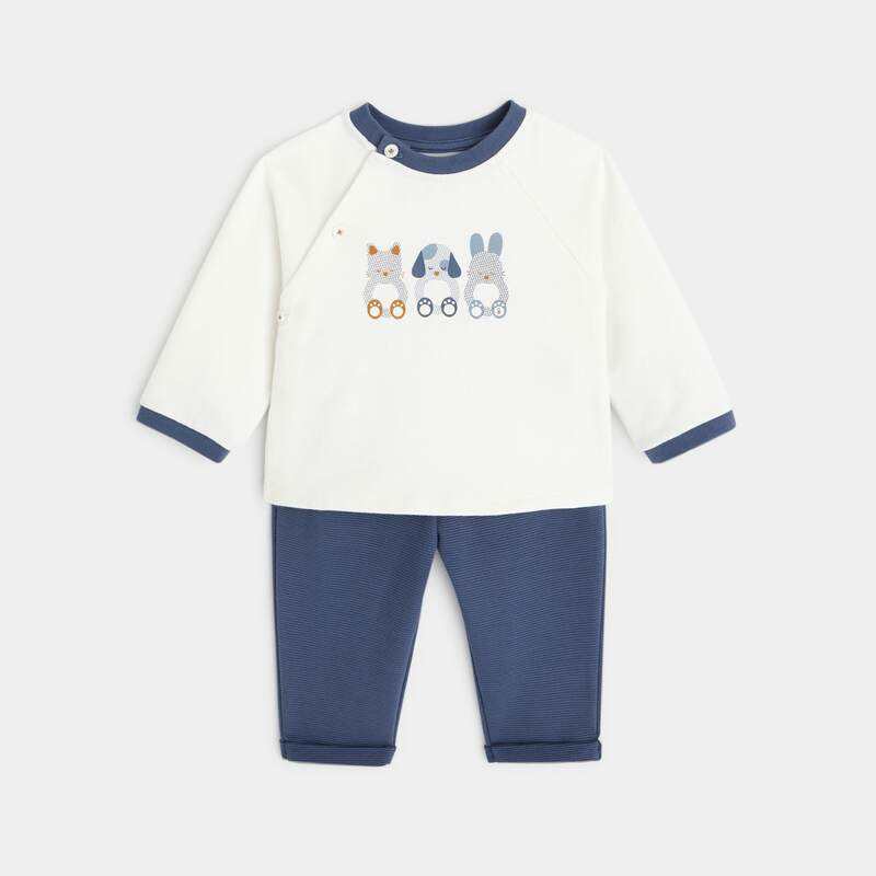 Sweat molleton et pantalon maille côtelée bleu naissance