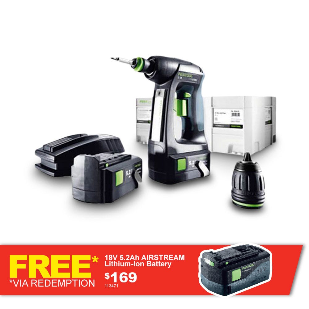 Conjunto de furadeira/parafusadeira sem escova FESTOOL 18V, 2 x 5,2 Ah, modelo 575008