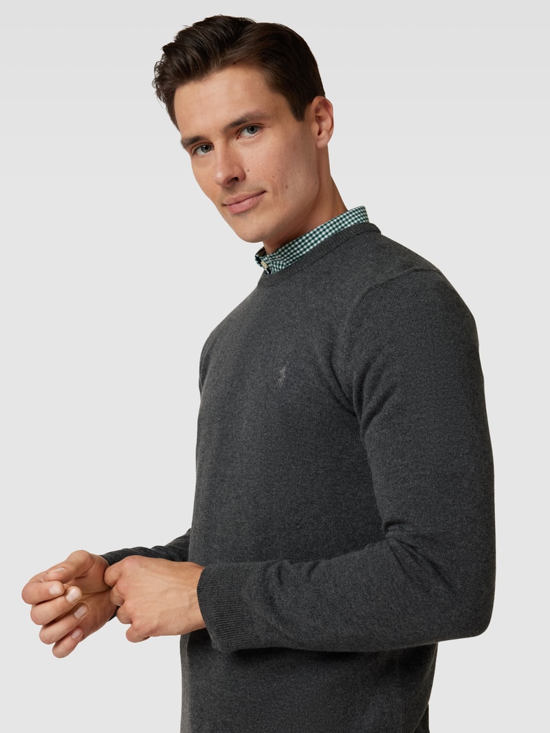 Strickpullover aus Wolle mit Logo-Stitching in dunkelgrau meliert