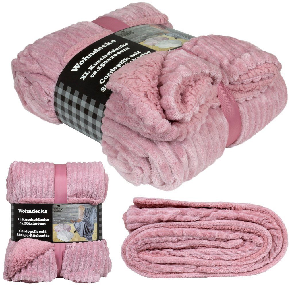 Wohndecke flauschig weiche Cordoptik Kuscheldecke, Trendyshop365, 150x200 cm, Rückseite Sherpa-Optik, unifarbe