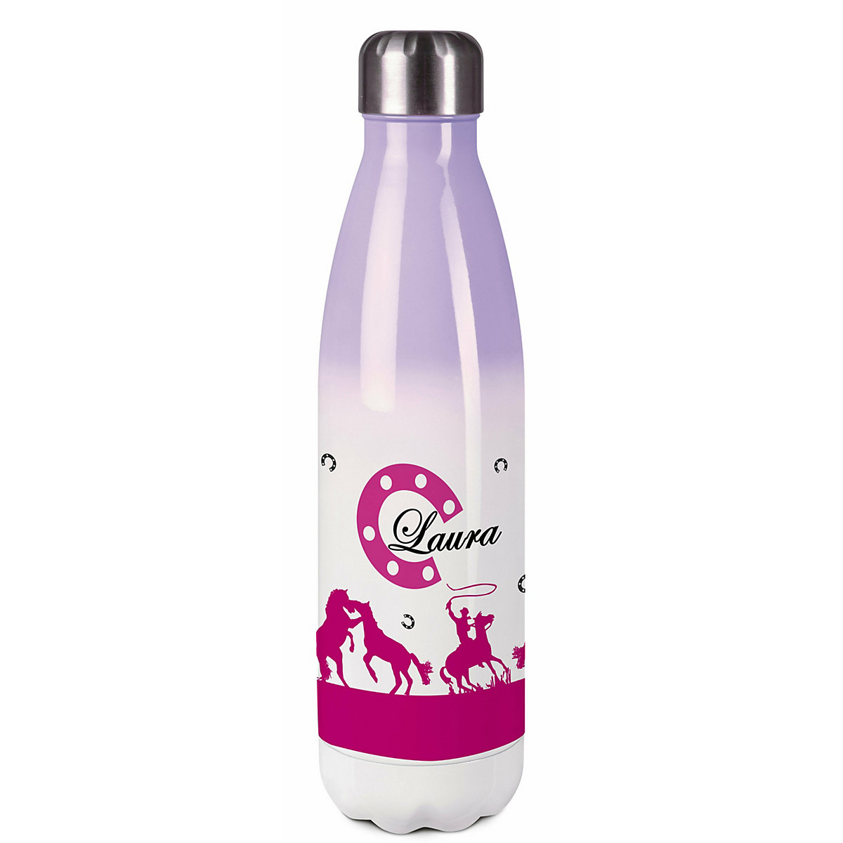 Edelstahl Kinder Thermoflasche / Trinkflasche bunt Cowboy Pferde Farbe pink Spülmaschinenfest, Auslaufsicher, Bruchfest, Doppelwandig, Für Heißgetränke geeignet, Mit Deckel, Isoliert