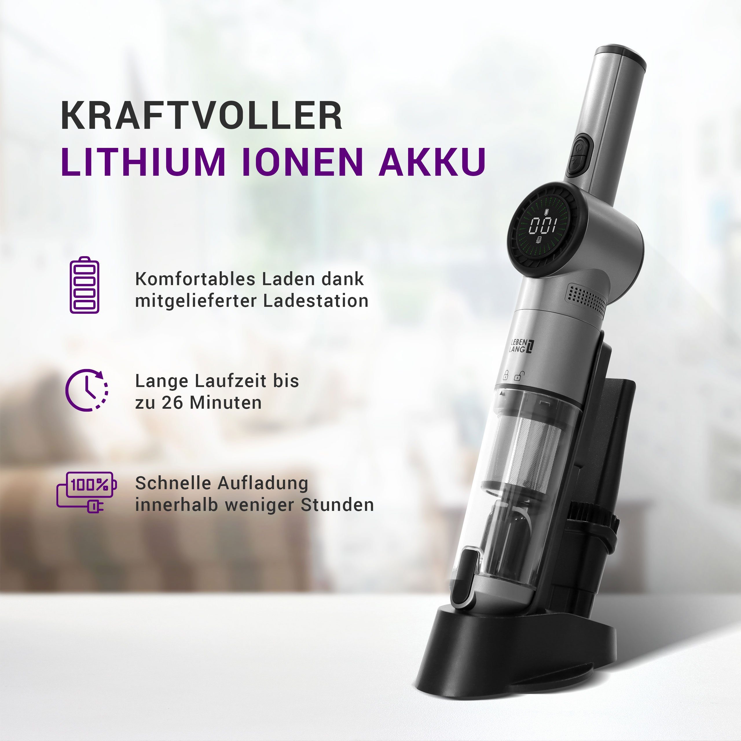 Lebenlang Akku-Handstaubsauger LBL2305, 135,00 W, Beutellos, 17000PA, Zwei Modi Option, Innovatives Display, Viel Zubehör