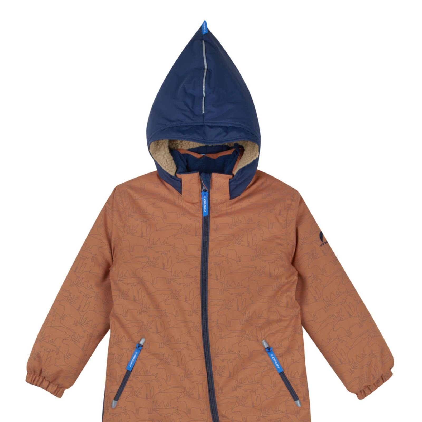 Finkid Schneeoverall Finkid Turva Ice Winteroverall mit reflektierendem Print Almond/Navy Overrall Winteranzug Kinder Overall