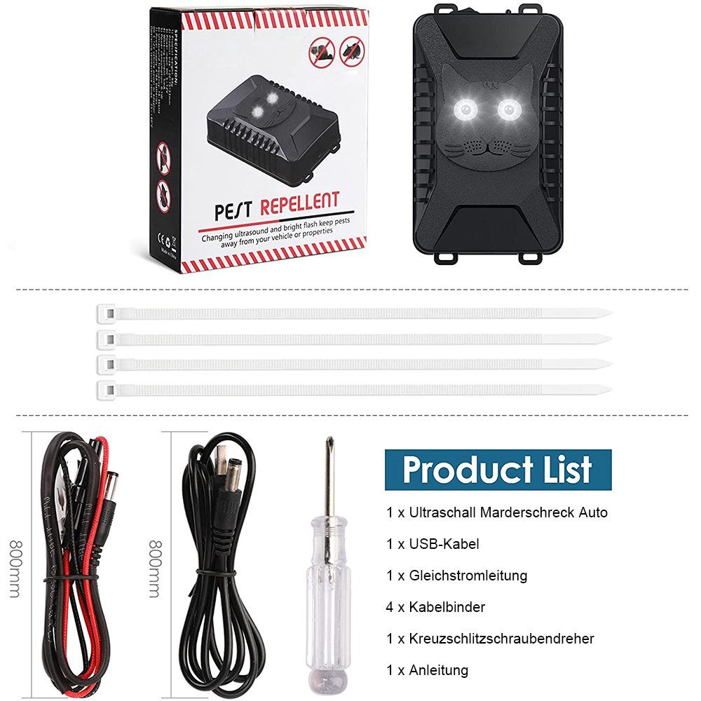 XIIW Ultraschall-Tierabwehr Marder-Frei Marderschreck- für Dachboden, KFZ, Haus, Auto, Garten, Garage, Carport, Dachboden - Marderabwehr Marderschutz mit Ultraschall Blitzlicht Auto batteriebetrieben