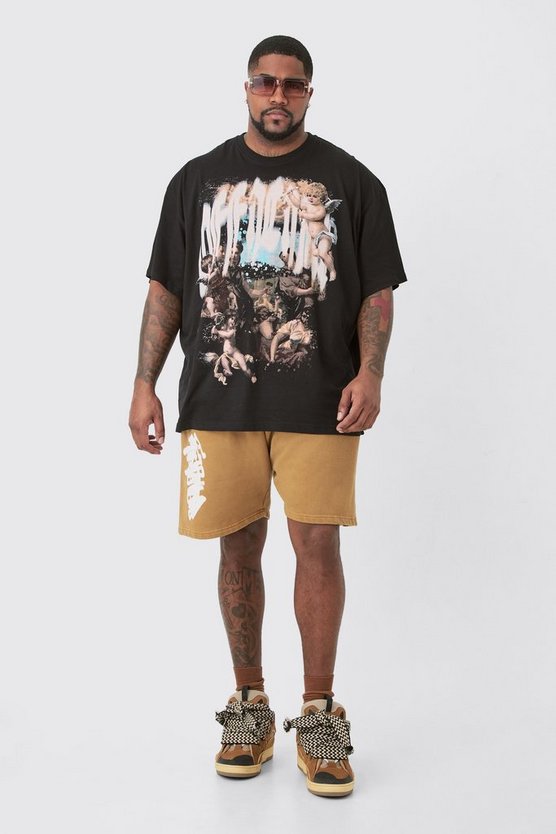 Plus lockere Jersey-Shorts mit Graffiti-Print