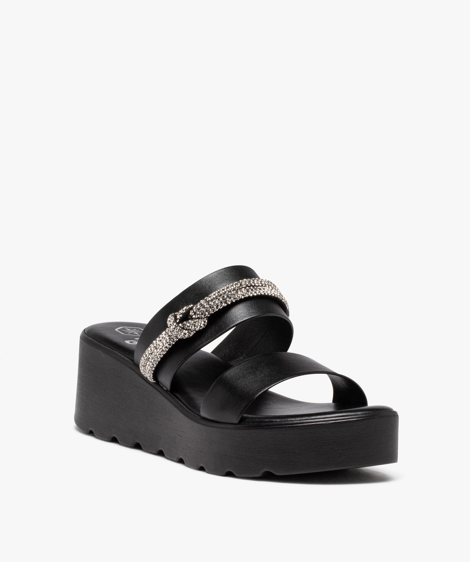 Mules femme compensées dessus uni ornées de strass noir | GEMO