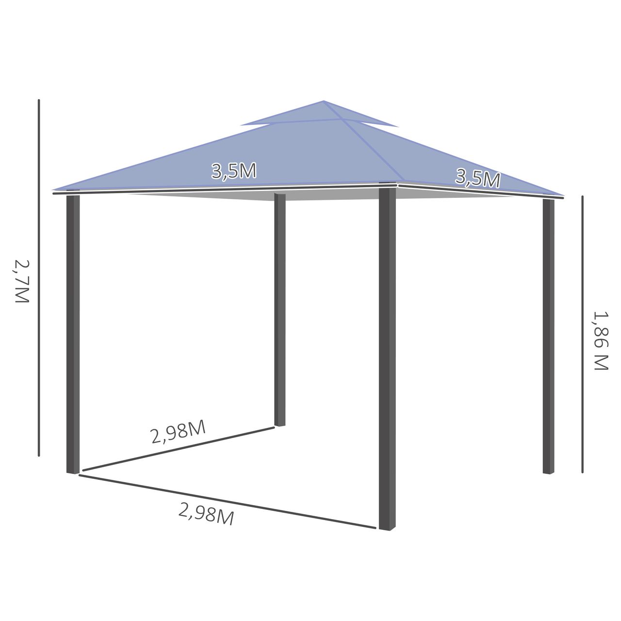 Outsunny Pavillon Partyzelt mit Doppeldach 3,5x3,5x2,7m Festzelt Gartenlaube Metall Polyester Grau