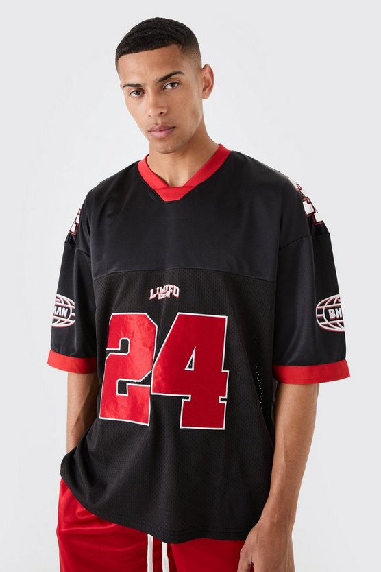 Oversize Mesh Baseball T-Shirt mit Satin-Applikation